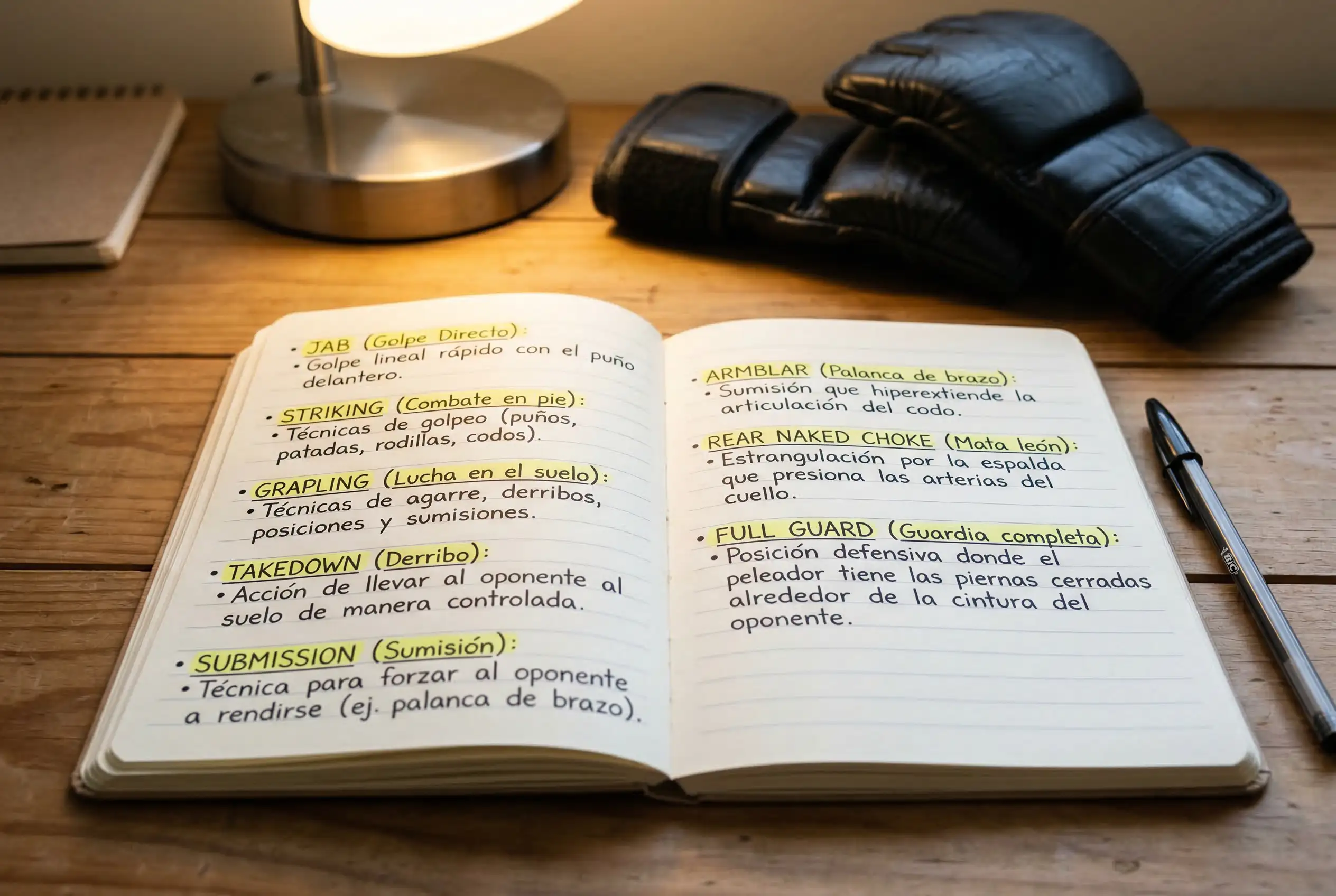 Libro abierto con terminología de apuestas MMA