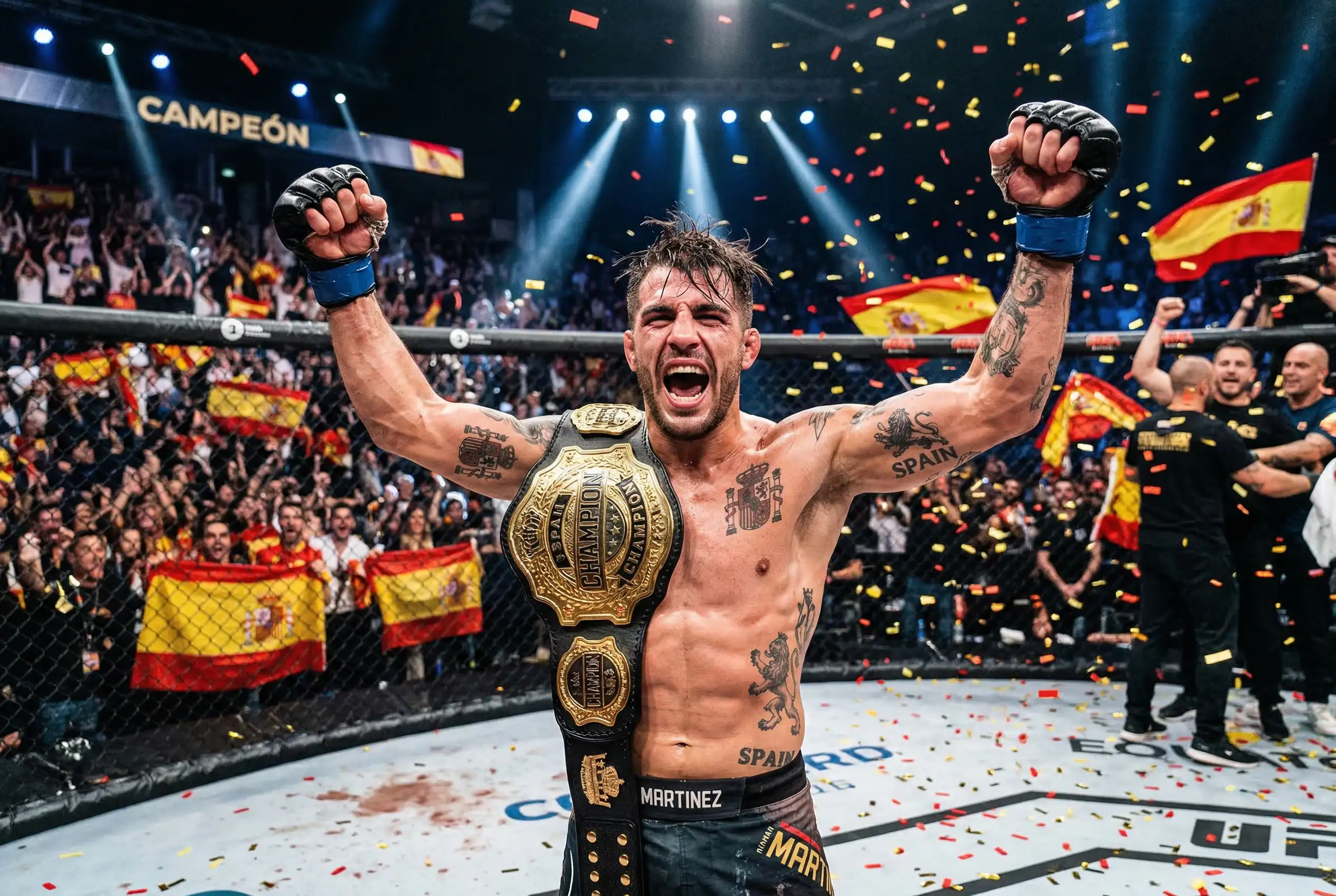 Celebracion de victoria en combate de artes marciales mixtas en el octagono de UFC