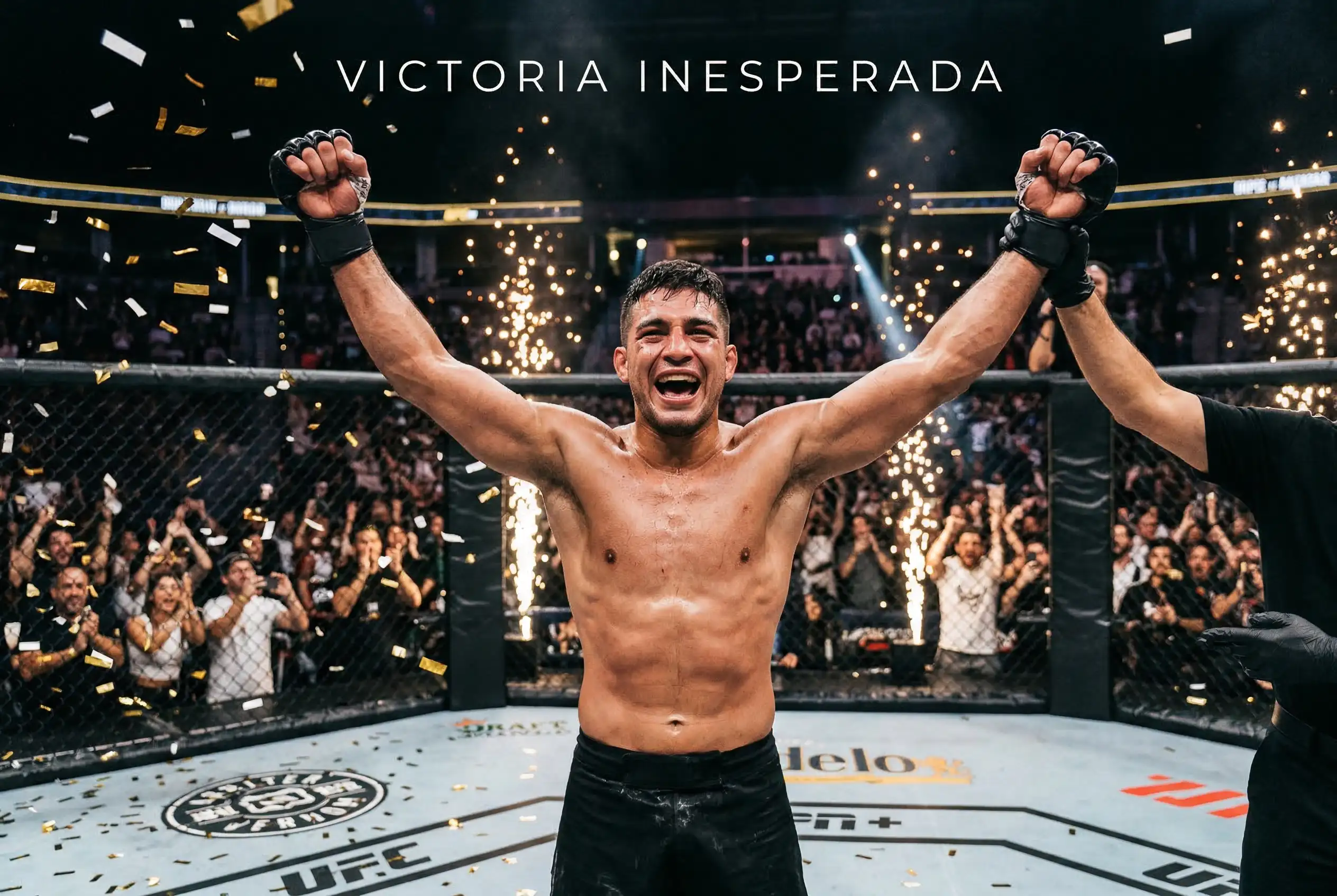 Luchador underdog celebrando victoria sorpresa en UFC